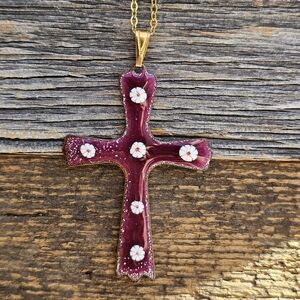 Purple and White Enamel Flower Cross Necklace with Gold Chain 24 in